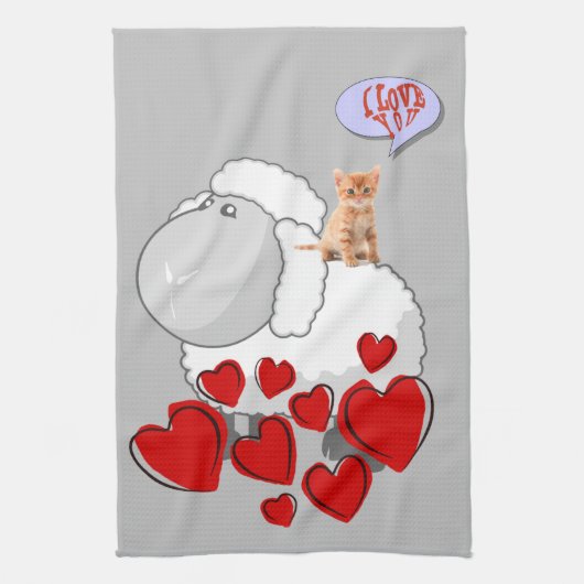 Sheep Kitten Red Hearts Kitchen Handdoeken (Verticaal)