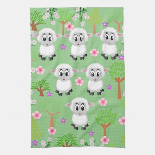 Sheep Trees Floral Kitchen Hand Towel Theedoek (Verticaal)