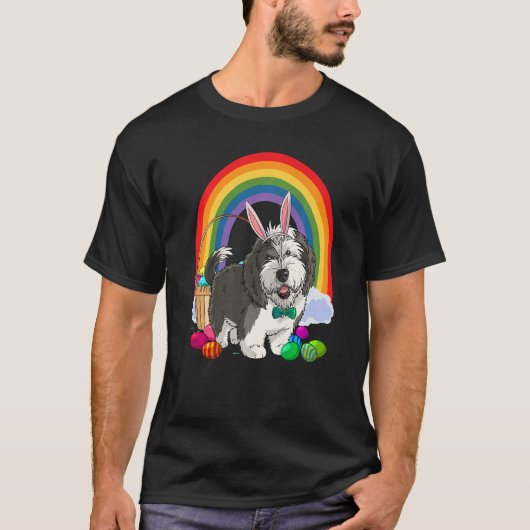 Sheepadoodle Puppy Happy Easter Eggs Bunny Dog Pre T-shirt (Voorkant)