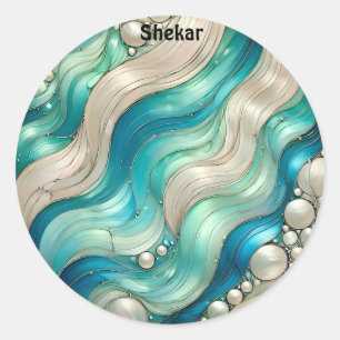 SHEKAR ~ GLANZEND Blauw Wit Abstract ~ Ronde Sticker
