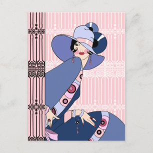 Shelby, jaren 20 Art Deco Lady in Roze en Blauw Briefkaart