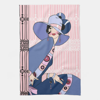 Shelby, jaren 20 Art Deco Lady in Roze en Blauw Theedoek