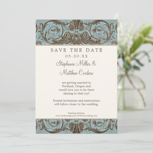 Shell Baroque Blue Scroll Save the Date Kaart (Staand voorkant)
