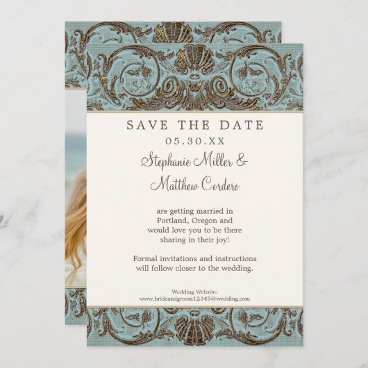 Shell Baroque Blue Scroll Save the Date Kaart (Voorkant / Achterkant)