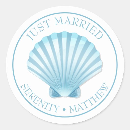 Shell Beach Blue nautische bruiloft net getrouwd Ronde Sticker (Voorkant)