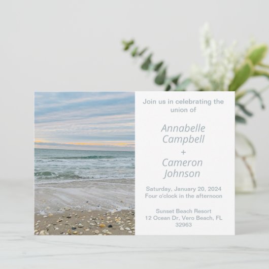 Shell Blue Beach bruiloft uitnodiging (Staand voorkant)