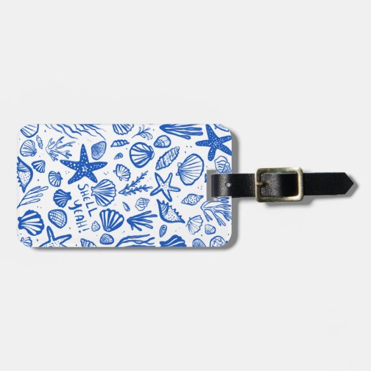 SHELL JA Seashells Beach Holiday CUSTOM Blue Bagagelabel (Voorkant horizontaal)