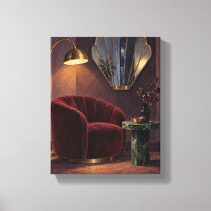 Shell-spiegel en Oxblood-stoel Moody Neo Deco Ar Canvas Afdruk