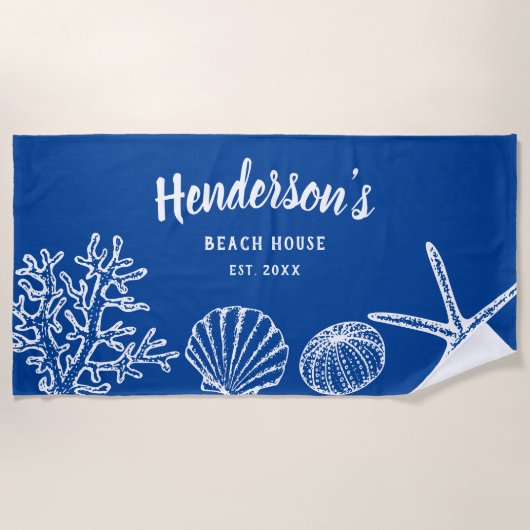Shell Starfish Beach House Name Blue White Strandlaken (Voorkant)