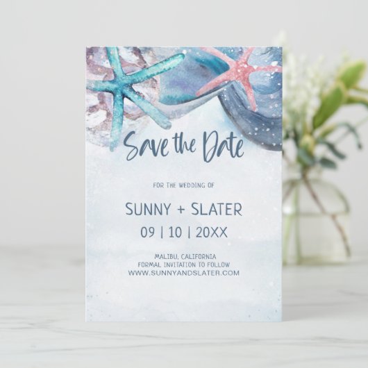 Shellabration Waterverf Strand Zeester Zee Schelpe Save The Date (Staand voorkant)