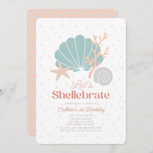 Shellebrate Seashell Retro Roze 1e Verjaardag Kaart (Voorkant / Achterkant)
