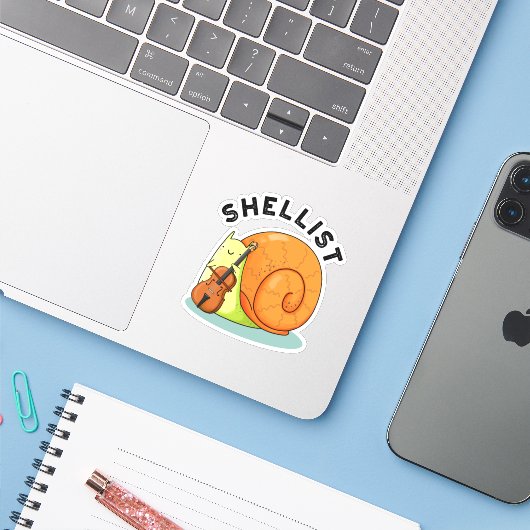 Shellist Funny Snail Cello Pun Sticker (Laptop met iPhone)