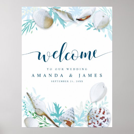 Shells and Calligraphy Blue Beach Wedding Welcome Poster (Voorkant)