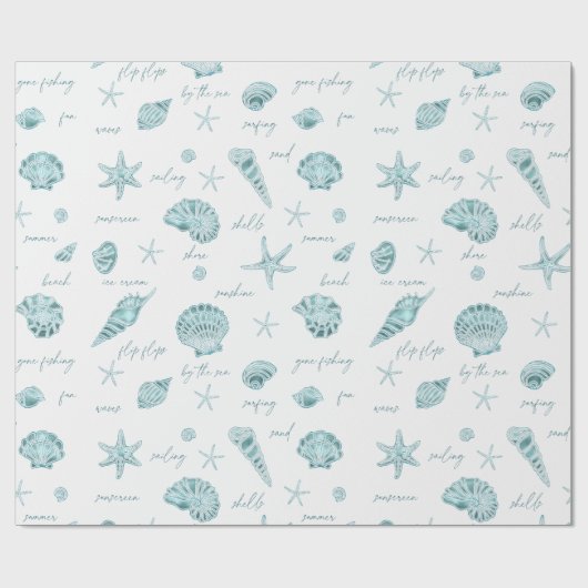 Shells Starfish Sun Fun Text Blauwgroen ID918 Cadeaupapier (Vlak)