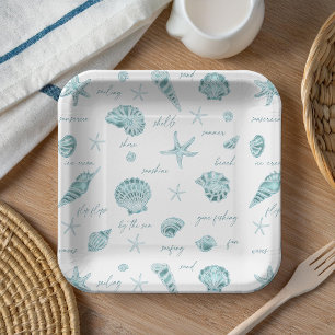 Shells Starfish Sun Fun Text Blauwgroen ID918 Papieren Bordje