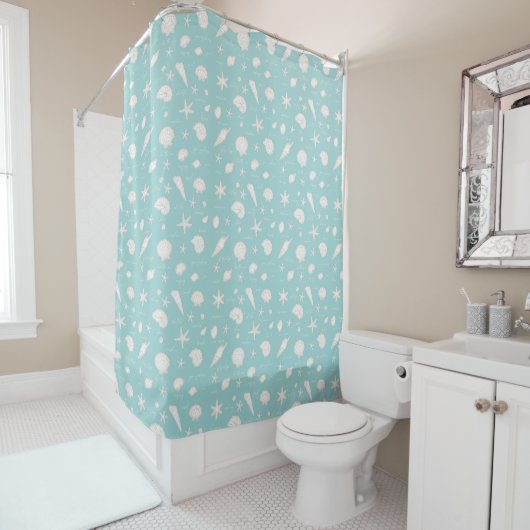 Shells Starfish Sun Fun Text Ivory ID918 Douchegordijn (In situ)