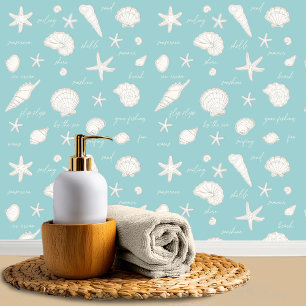 Shells Starfish Sun Fun Text White Ivory ID918 Behang