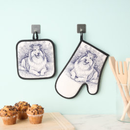 Sheltie & Bloemen Schets Ovenwant & Pannenlap Set