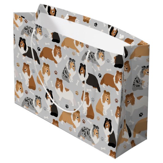 Sheltie Dog Bones and Paws Large Gift Bag Groot Cadeauzakje (Achterkant Gekanteld)