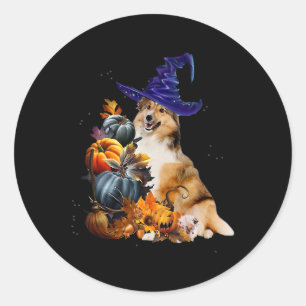 Sheltie Dog Witch en Pumpkins Halloween Thanksgiv Ronde Sticker