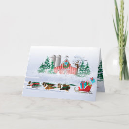 Sheltie Dogs Brown, Black and Grey, Pulling Sleigh Feestdagen Kaart