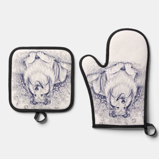 Sheltie & Flowers Sketch Ovenwant & Pannenlap Set (Voorkant)