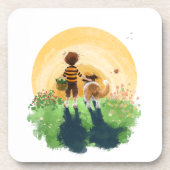 Sheltie hond en jongen lopen zonsondergang binnen bier onderzetter (Voorkant)