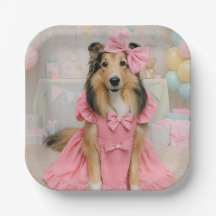 Sheltie in pink dress