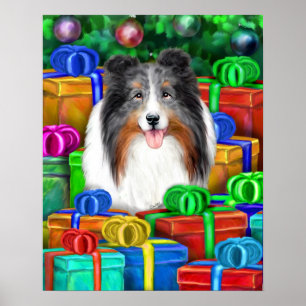Sheltie Kerstmis Open Gifts Blue Merle Poster