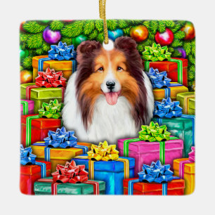 Sheltie Kerstmis Open Gifts Keramisch Ornament