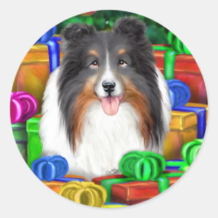 Sheltie Kerstmis Open Gifts Tri Color Ronde Sticker
