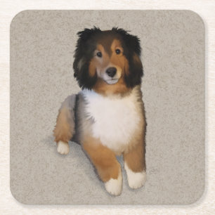 Sheltie mix hond portret vierkante kartonnen onderzetter
