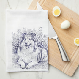 Sheltie-schets met rozenstruik theedoek