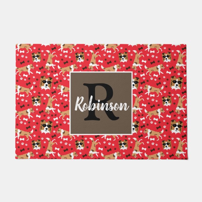 Shelties Shetland Sheepdog Monogram Achternaam Deurmat (Voorkant)