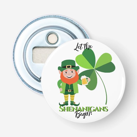 Shenanigans Leprechaun Shamrock St Patrick's Day Button Flesopener (Voorkant)