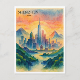 Shenzhen China Aquarel Silhouette Souvenir Feestdagenkaart