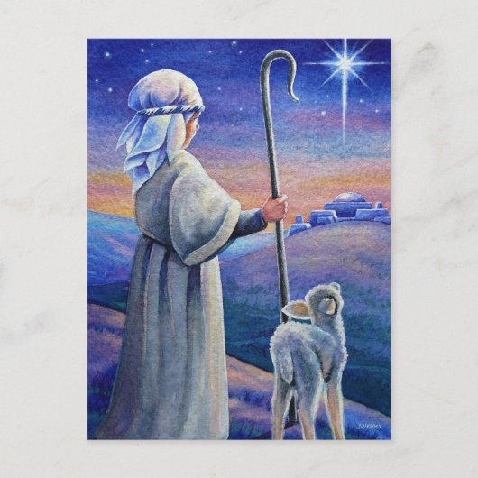 Shepherd Boy Lamb & Star kerstWaterverf Art Briefkaart (Voorkant)