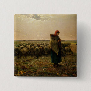 Shepherdess met haar Flock, 1863 Vierkante Button 5,1 Cm