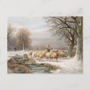 Shepherdess met haar kudde in een winterlandschap  briefkaart