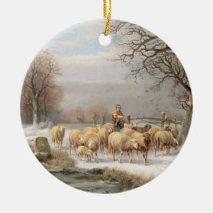Shepherdess met haar kudde in een winterlandschap keramisch ornament