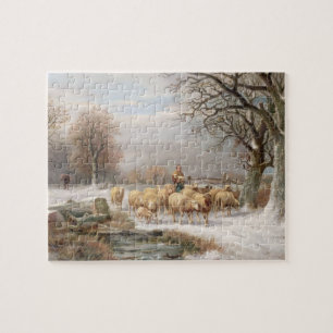 Shepherdess met haar kudde in een winterlandschap legpuzzel