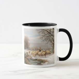 Shepherdess met haar kudde in een winterlandschap mok