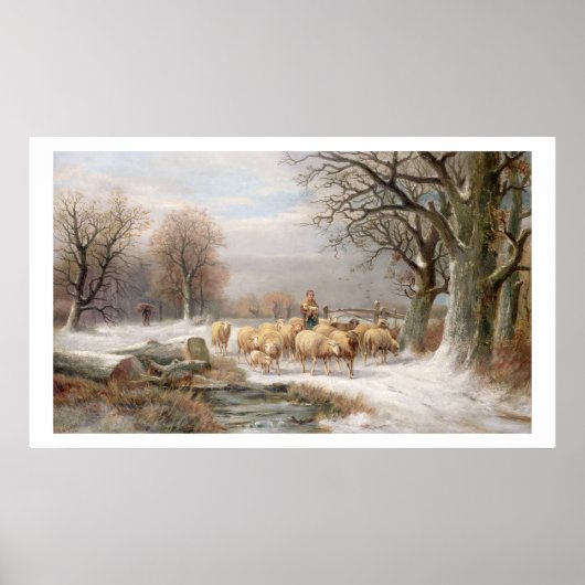 Shepherdess met haar kudde in een winterlandschap  poster (Voorkant)