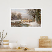 Shepherdess met haar kudde in een winterlandschap  poster (Keuken)