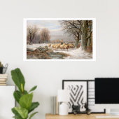 Shepherdess met haar kudde in een winterlandschap  poster (Thuiskantoor)