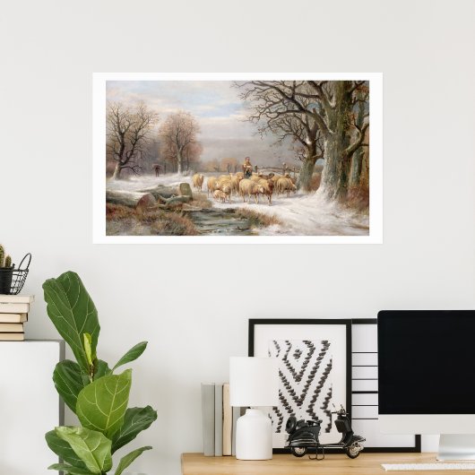 Shepherdess met haar kudde in een winterlandschap  poster (Thuiskantoor)