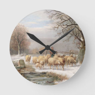 Shepherdess met haar kudde in een winterlandschap  ronde klok