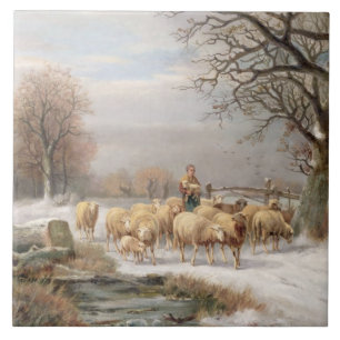 Shepherdess met haar kudde in een winterlandschap tegeltje
