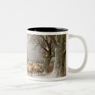 Shepherdess met haar kudde in een winterlandschap tweekleurige koffiemok