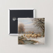 Shepherdess met haar kudde in een winterlandschap  vierkante button 5,1 cm (Voorkant /achterkant)
